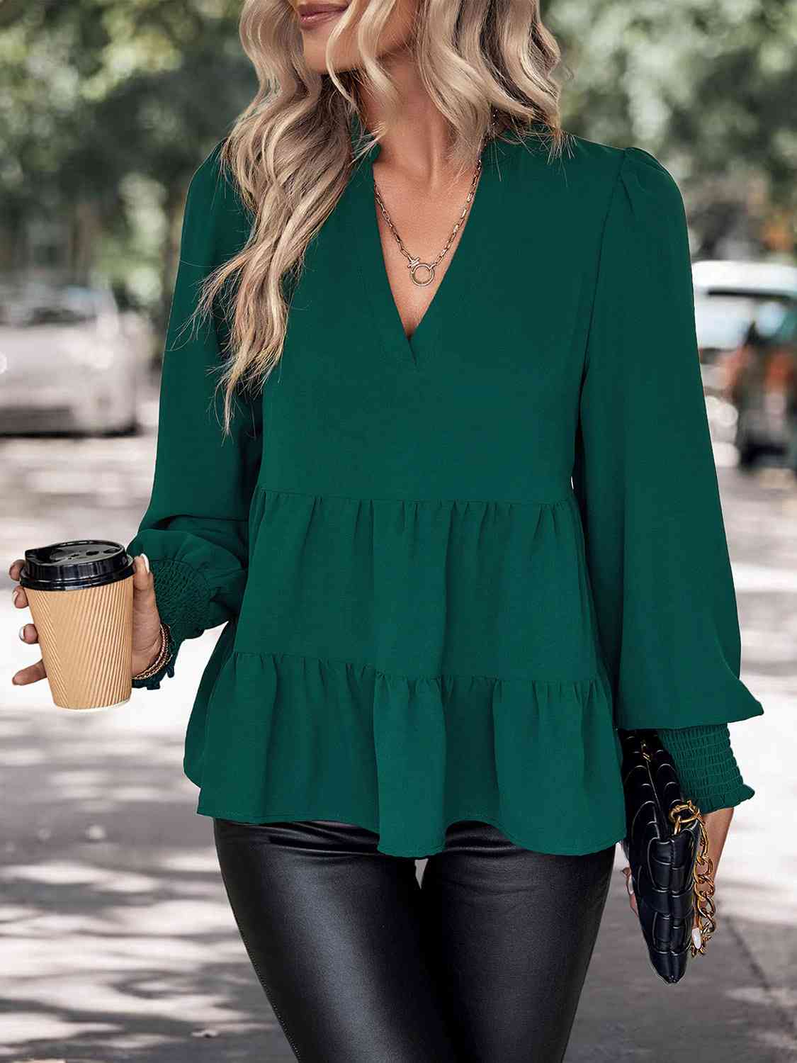 Notched Neck Lantern Sleeve Blouse  Krazy Heart Designs Boutique   