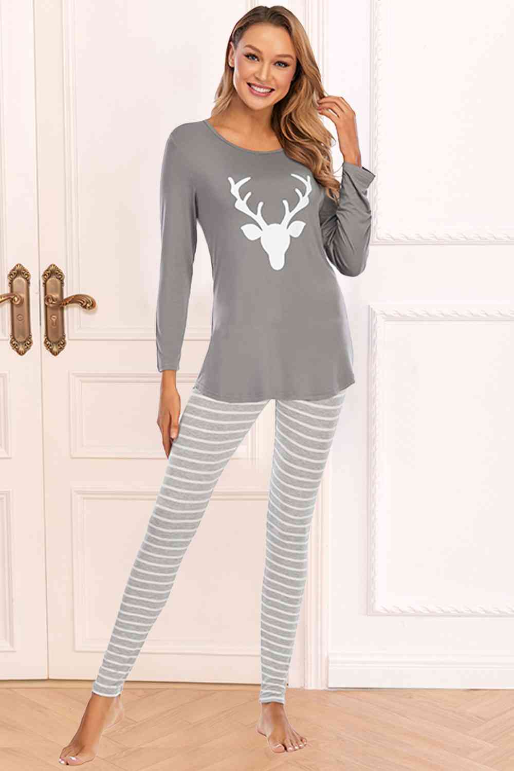 Christmas Graphic Round Neck Top and Striped Pajama Set (2 Color Styles)  Krazy Heart Designs Boutique Charcoal S 