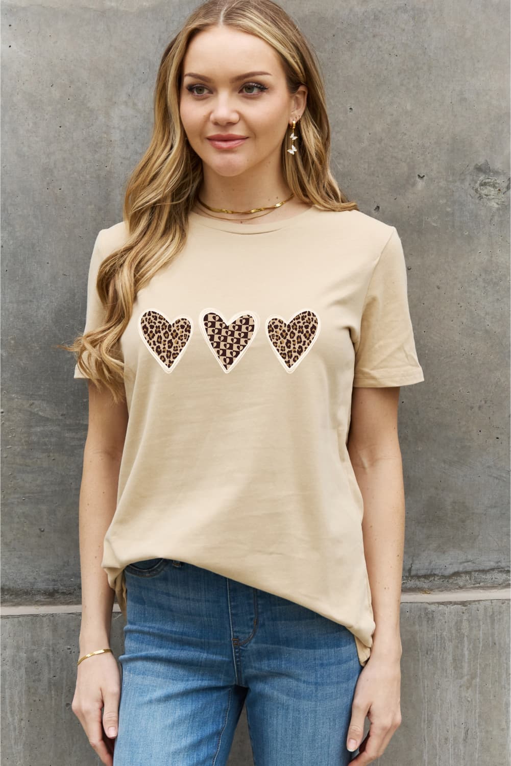 Simply Love Full Size Leopard Print Heart Graphic Cotton Tee (2 Colors)  Krazy Heart Designs Boutique Taupe S 