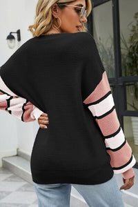 Color Block Striped Sleeve V-Neck Dropped Shoulder Top (2 Colors) Shirts & Tops Krazy Heart Designs Boutique   
