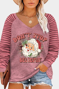 Plus Size DON'T STOP BELIEVIN Striped Long Sleeve T-Shirt Shirts & Tops Krazy Heart Designs Boutique Dusty Pink 1XL 
