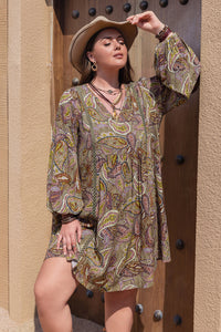 Plus Size Printed V-Neck Long Sleeve Midi Dress  Krazy Heart Designs Boutique Camel 0XL 