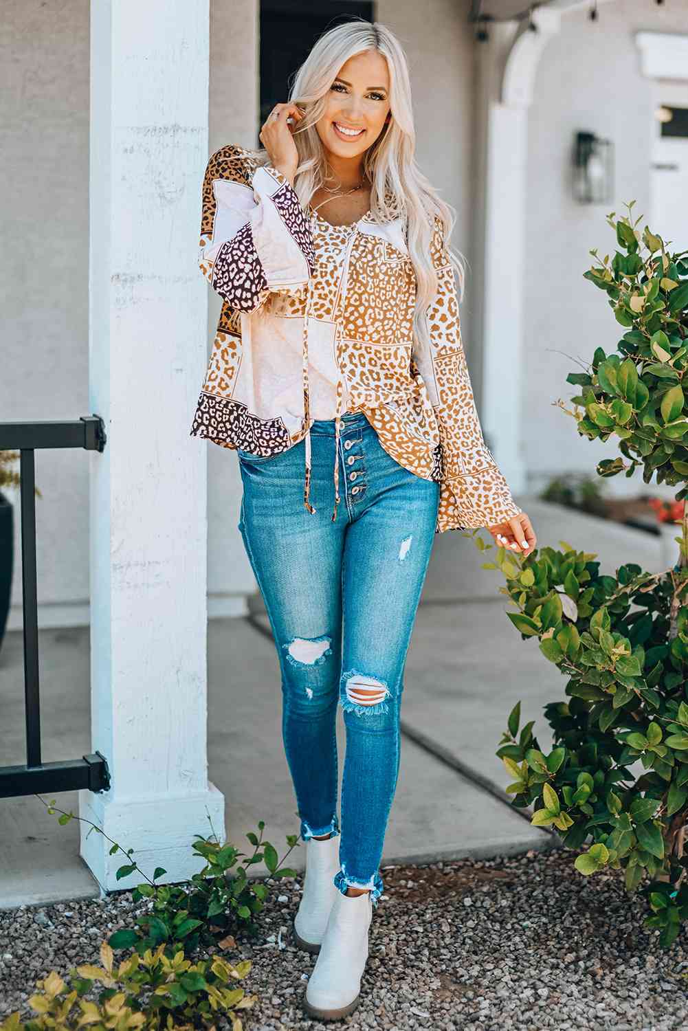 Leopard Patchwork Tied Flare Sleeve Blouse  Krazy Heart Designs Boutique   