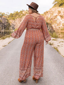 Plus Size Printed V-Neck Tie Front Balloon Sleeve Jumpsuit outfits Krazy Heart Designs Boutique   