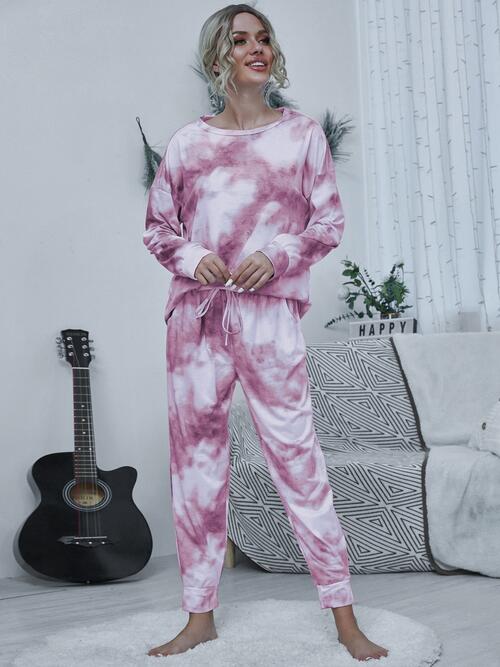 Tie-dye Round Neck Top and Drawstring Pants Set (4 Colors) Outfit Sets Krazy Heart Designs Boutique Carnation Pink S 