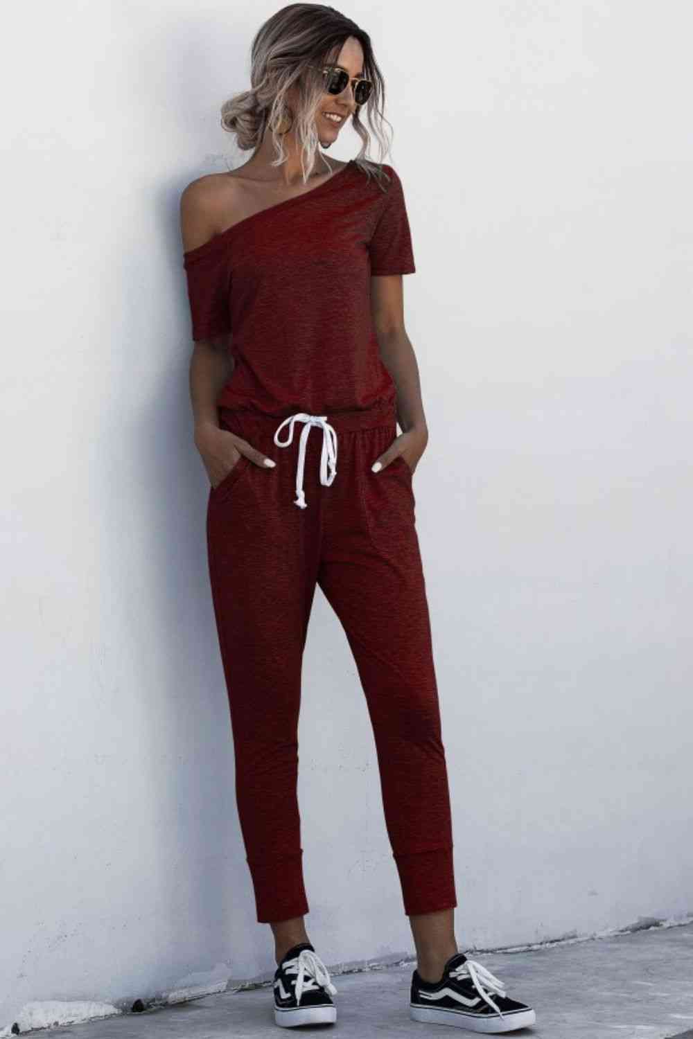 Asymmetrical Neck Tied Jumpsuit with Pockets (4 Colors)  Krazy Heart Designs Boutique   