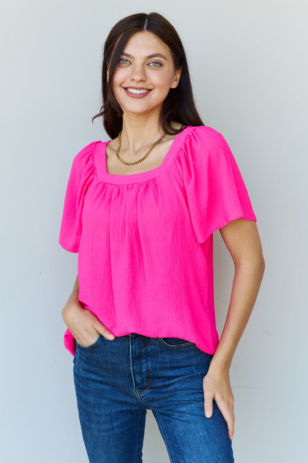 Ninexis Keep Me Close Square Neck Short Sleeve Blouse in Fuchsia  Krazy Heart Designs Boutique Fuchsia S 