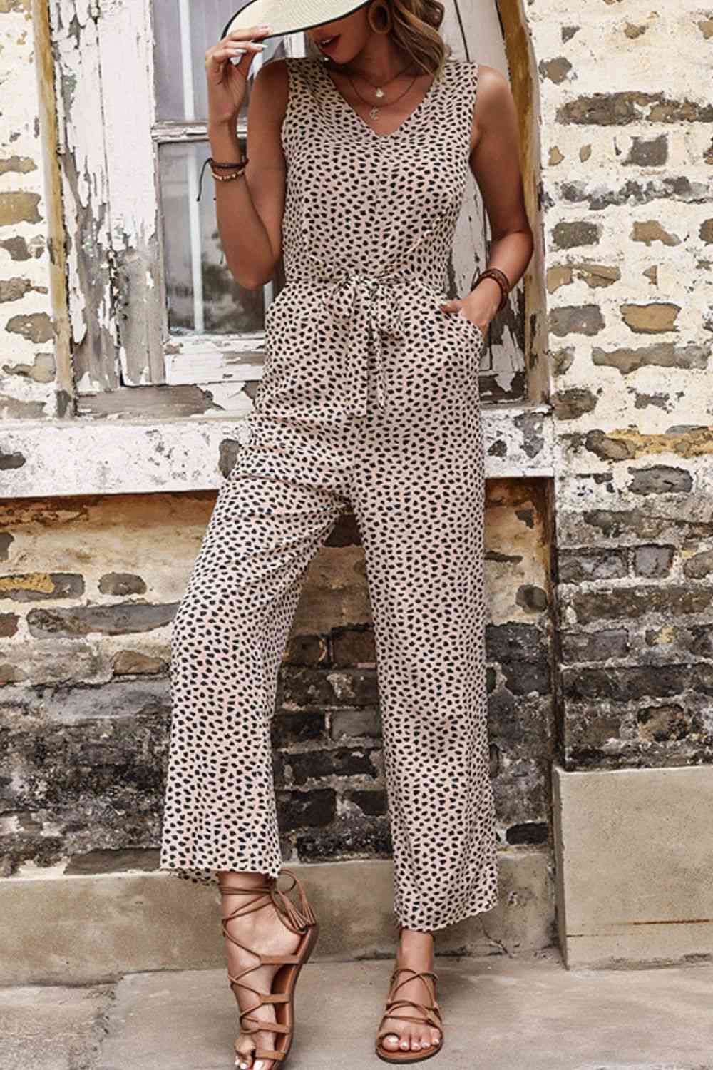 Printed Tie Front Sleeveless Jumpsuit  Krazy Heart Designs Boutique   