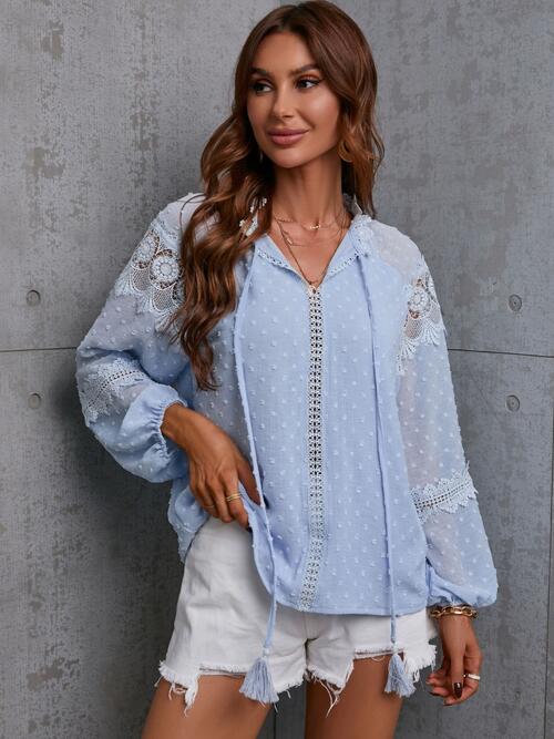 Crochet Tassel Tie Neck Long Sleeve Blouse (4 Colors) Shirts & Tops Krazy Heart Designs Boutique   