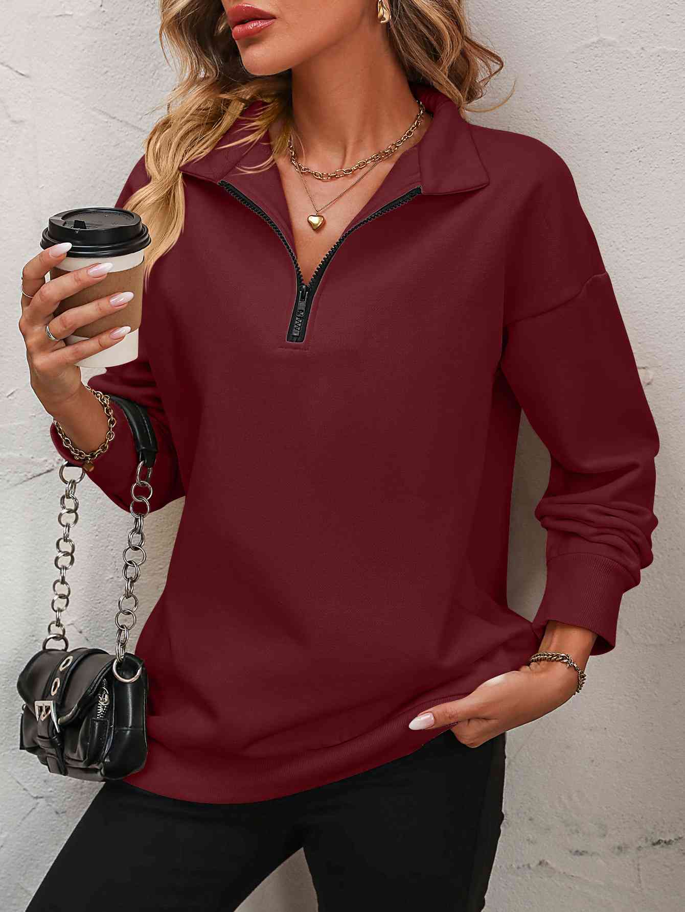 Zip-Up Dropped Shoulder Sweatshirt (7 Colors)  Krazy Heart Designs Boutique   