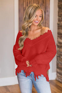 Frayed Hem Dropped Shoulder Sweater (10 Colors) Shirts & Tops Krazy Heart Designs Boutique Red S 