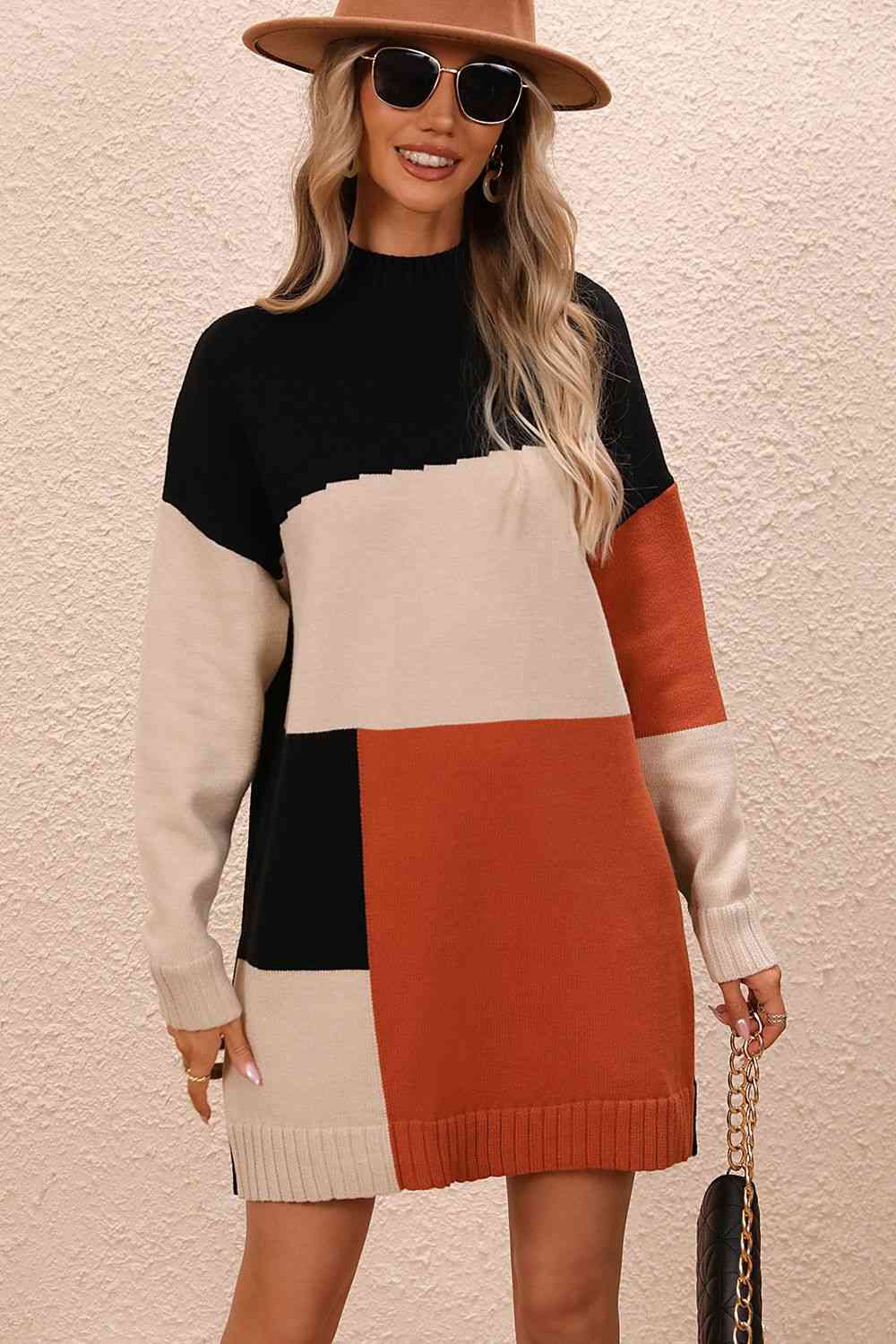 Color Block Mock Neck Dropped Shoulder Sweater Dress (4 Colors)  Krazy Heart Designs Boutique Black S 