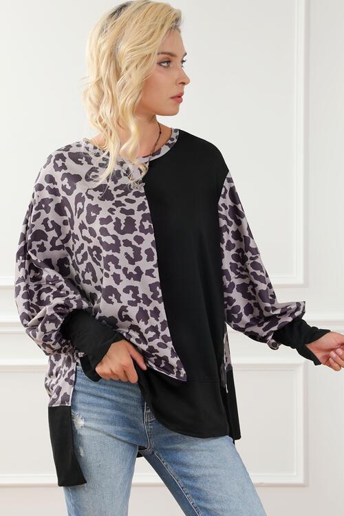 Leopard Print Round Neck Lantern Sleeve Slit Sweatshirt Shirts & Tops Krazy Heart Designs Boutique   