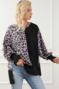 Leopard Print Round Neck Lantern Sleeve Slit Sweatshirt Shirts & Tops Krazy Heart Designs Boutique   