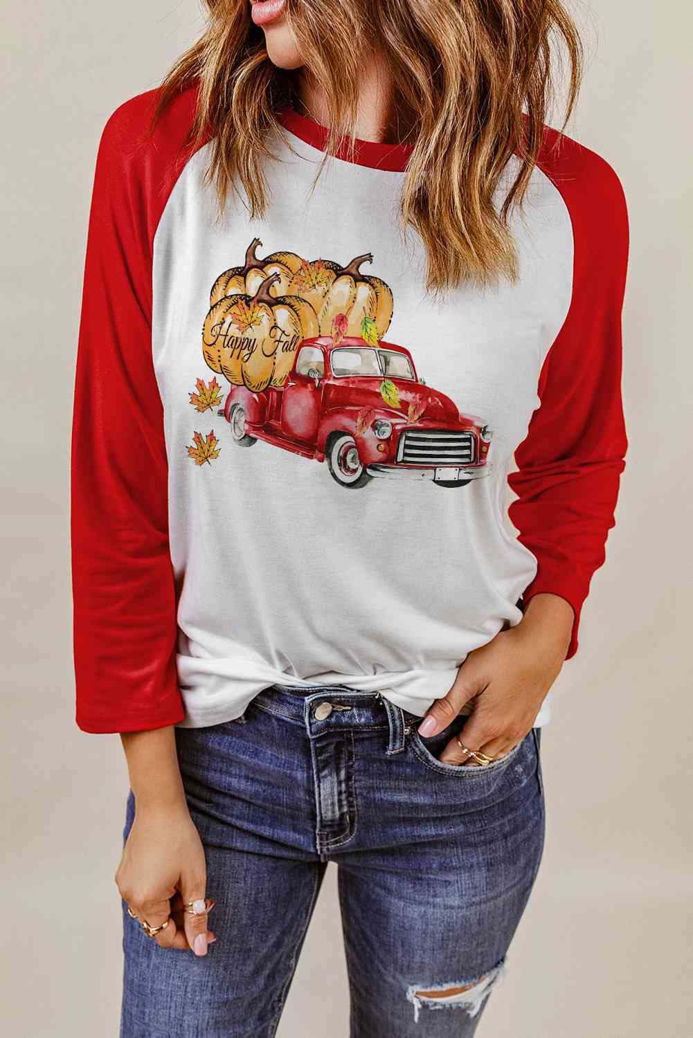 HAPPY FALL Graphic Raglan Sleeve Tee Shirts & Tops Krazy Heart Designs Boutique White S 