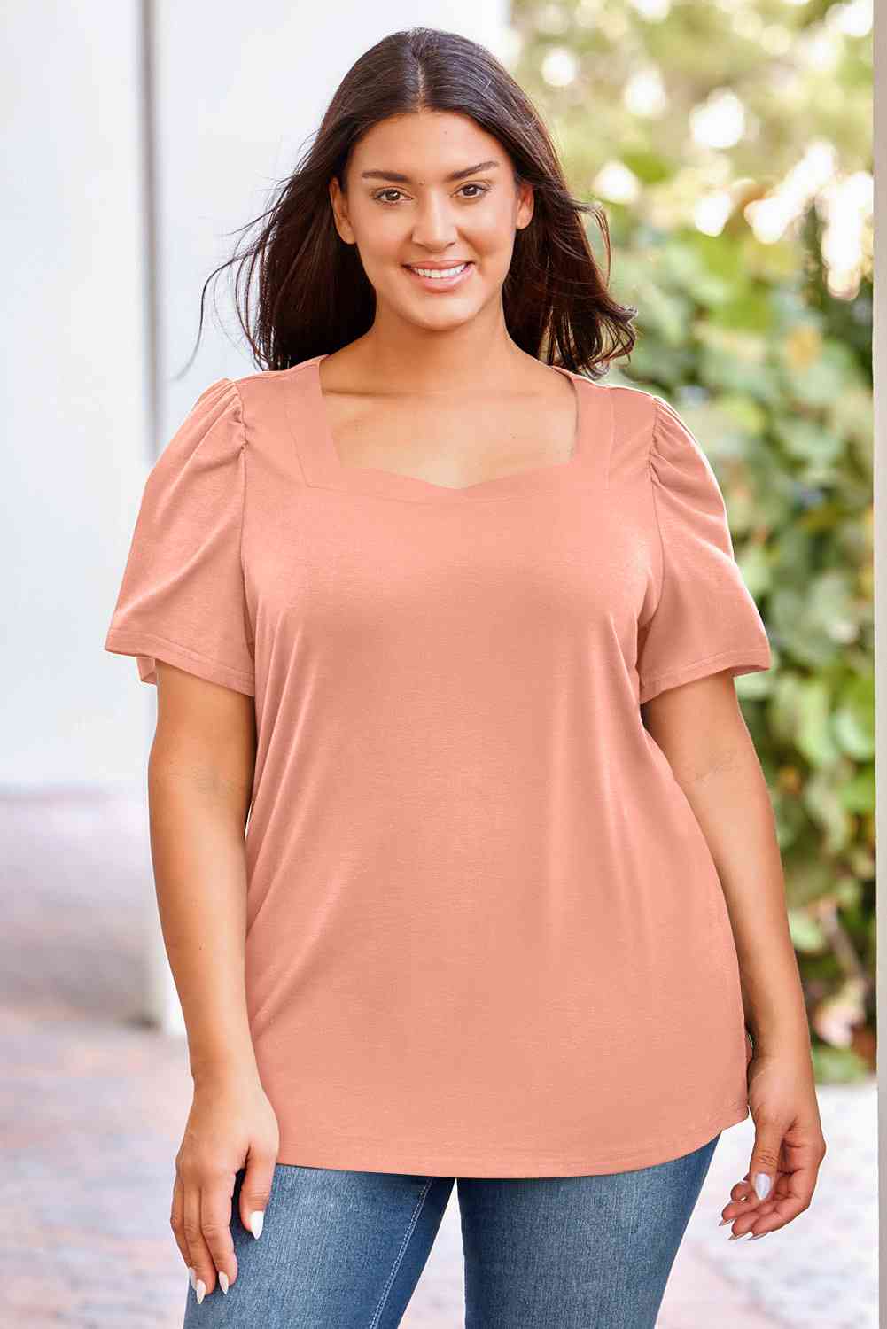 Plus Size Square Neck Puff Sleeve Top (7 Colors) Shirts & Tops Krazy Heart Designs Boutique Peach 1X 
