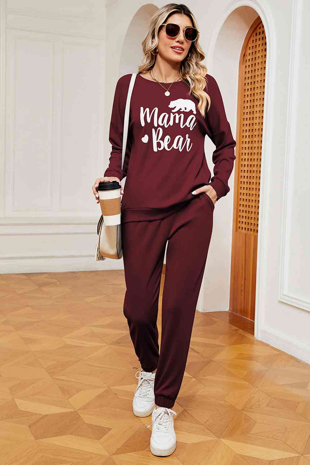 MAMA BEAR Graphic Sweatshirt and Sweatpants Set (5 Colors) Loungewear Krazy Heart Designs Boutique Wine S 