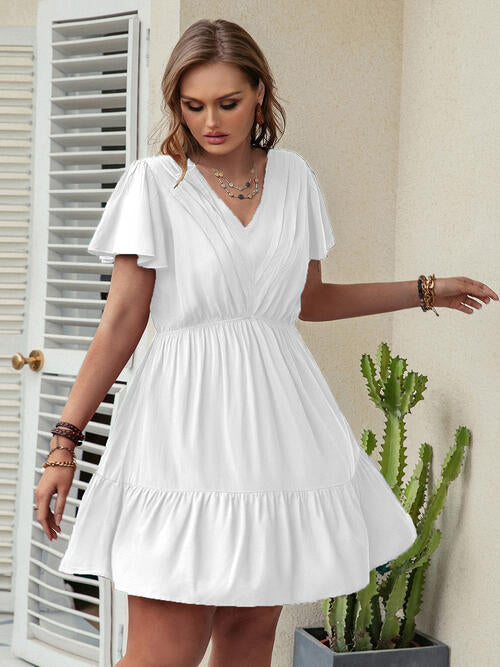 Double Take Plus Size Ruffle Hem V-Neck Short Sleeve Dress (4 Colors)  Krazy Heart Designs Boutique White 0XL 