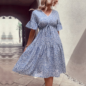 Floral Flounce Sleeve V-Neck Dress  Krazy Heart Designs Boutique Misty  Blue S 