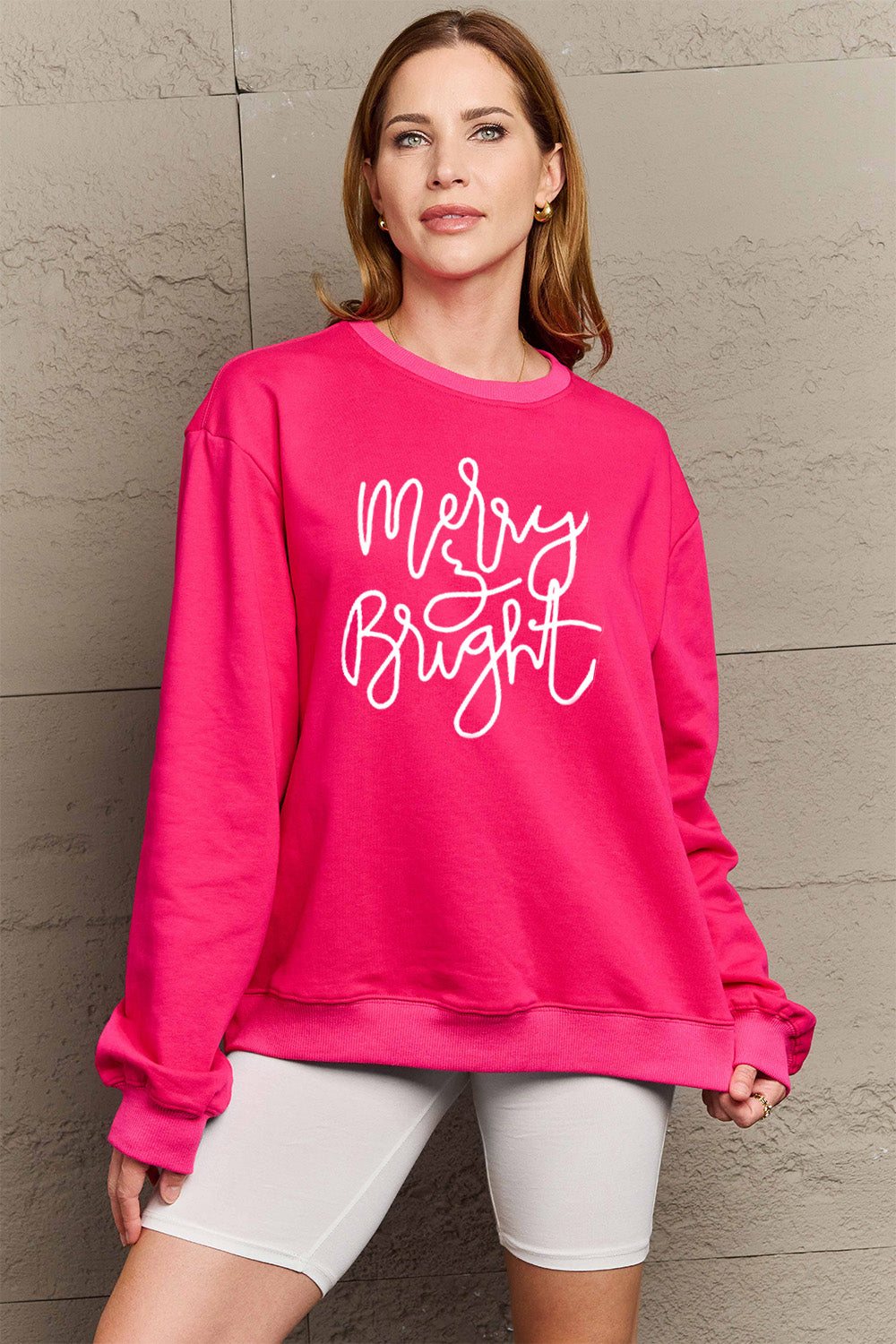 Simply Love Full Size MERRY AND BRIGHT Graphic Sweatshirt (3 Colors)  Krazy Heart Designs Boutique Hot Pink S 