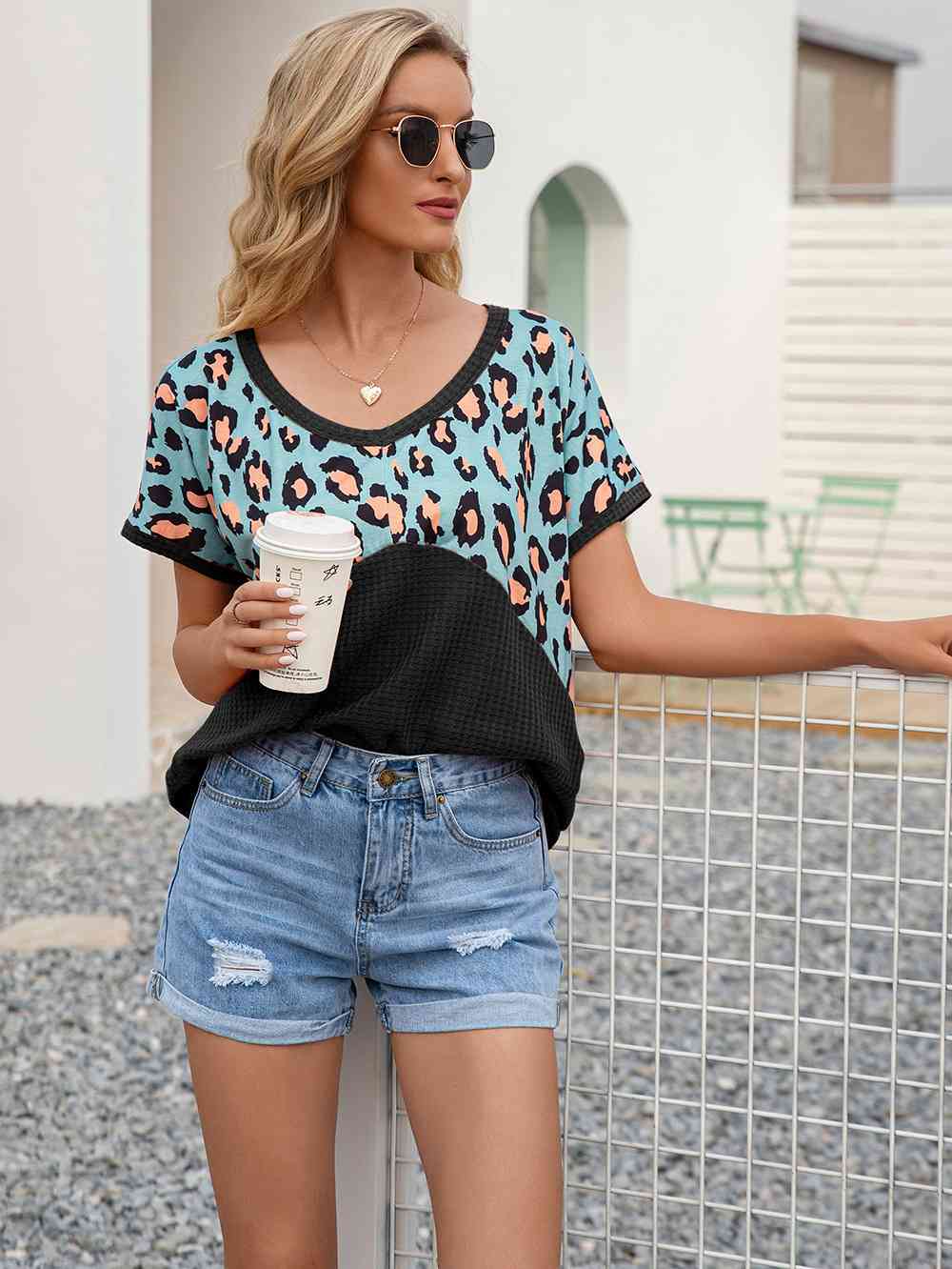 Leopard Waffle-Knit Short Sleeve Top (4 Colors) Shirts & Tops Krazy Heart Designs Boutique   