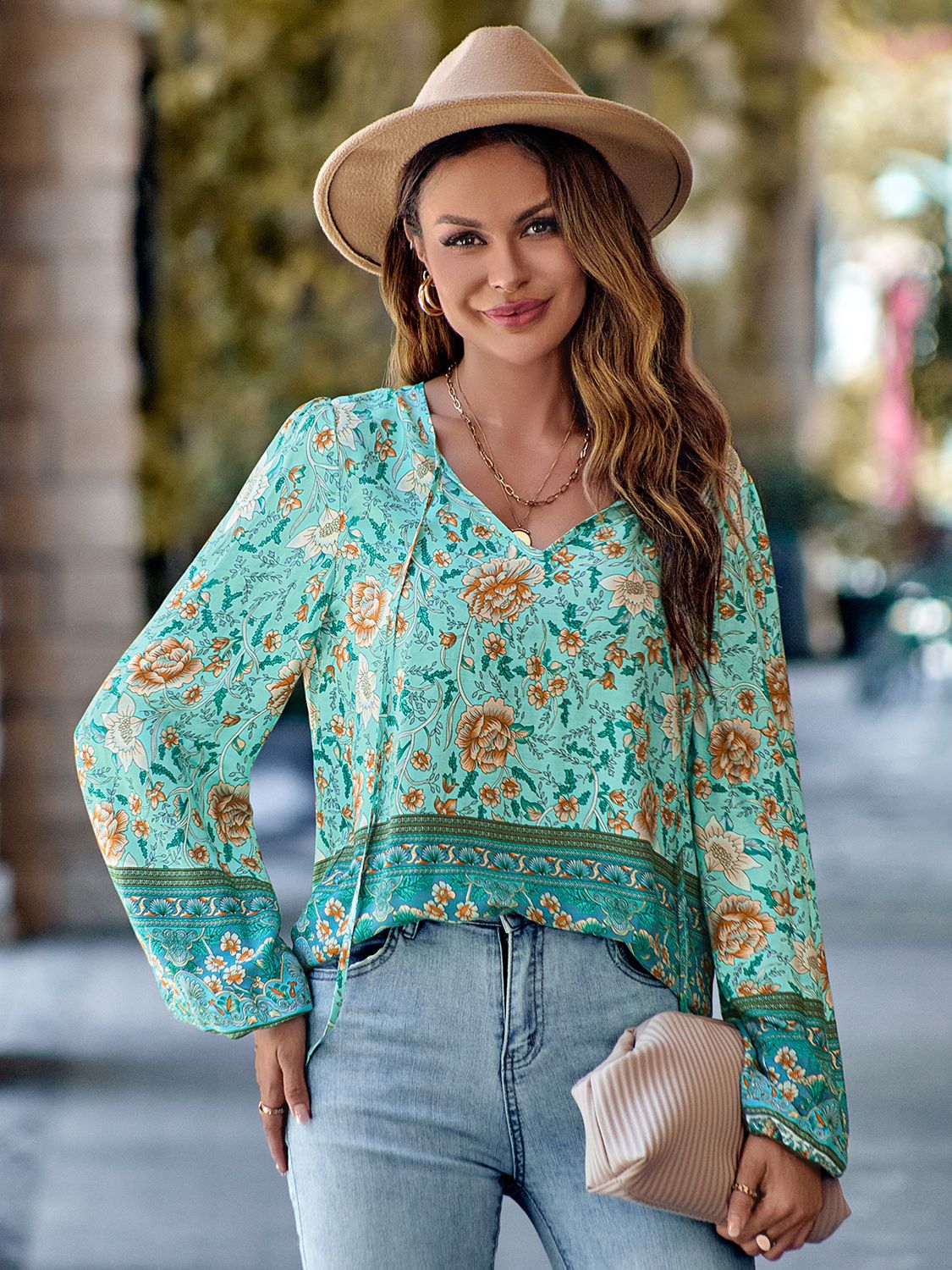 Boho Style Printed Tie Neck Long Sleeve Blouse (3 Colors)  Krazy Heart Designs Boutique Tiffany Blue S 