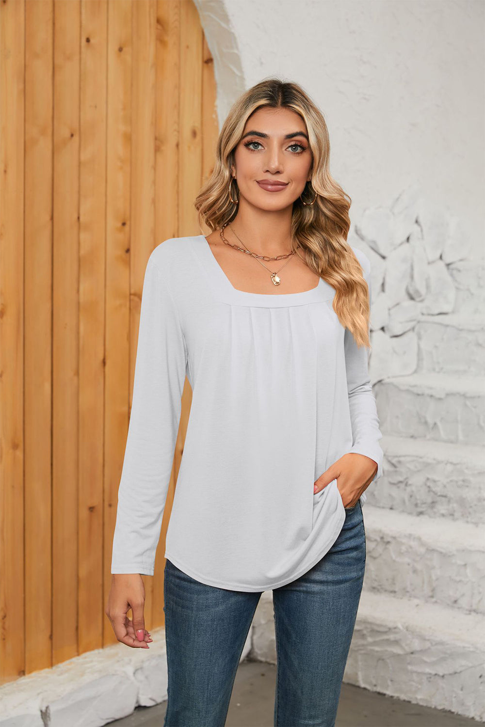 Square Neck Long Sleeve Top (7 Colors) Shirts & Tops Krazy Heart Designs Boutique White S 