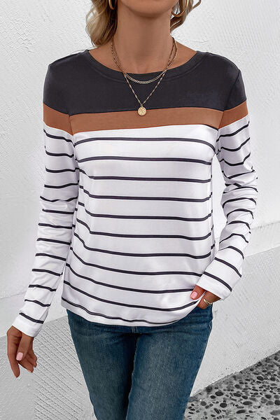 Striped Round Neck Long Sleeve Top (4 Colors) Shirts & Tops Krazy Heart Designs Boutique   