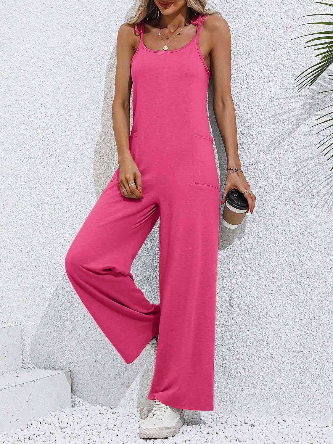 Tie-Shoulder Wide Leg Jumpsuit with Pockets (4 Colors)  Krazy Heart Designs Boutique Hot Pink S 