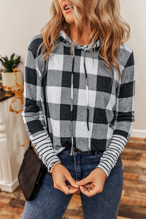 Plaid Drawstring Long Sleeve Hoodie Shirts & Tops Krazy Heart Designs Boutique   