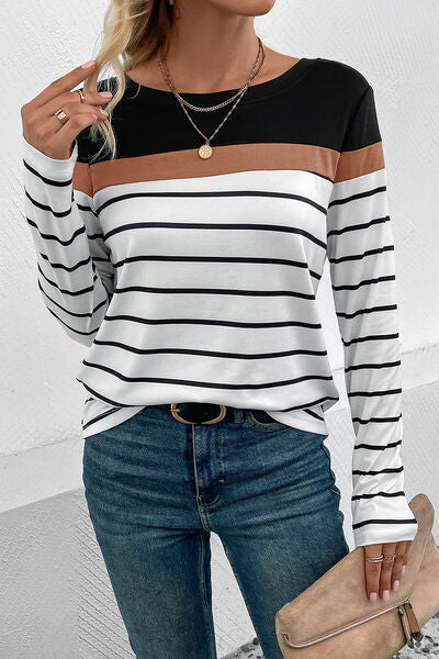 Striped Round Neck Long Sleeve Top (4 Colors) Shirts & Tops Krazy Heart Designs Boutique Black S 