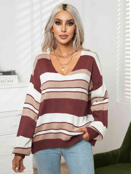 Striped V-Neck Long Sleeve Knit Top(3 Colors)  Krazy Heart Designs Boutique Wine S 