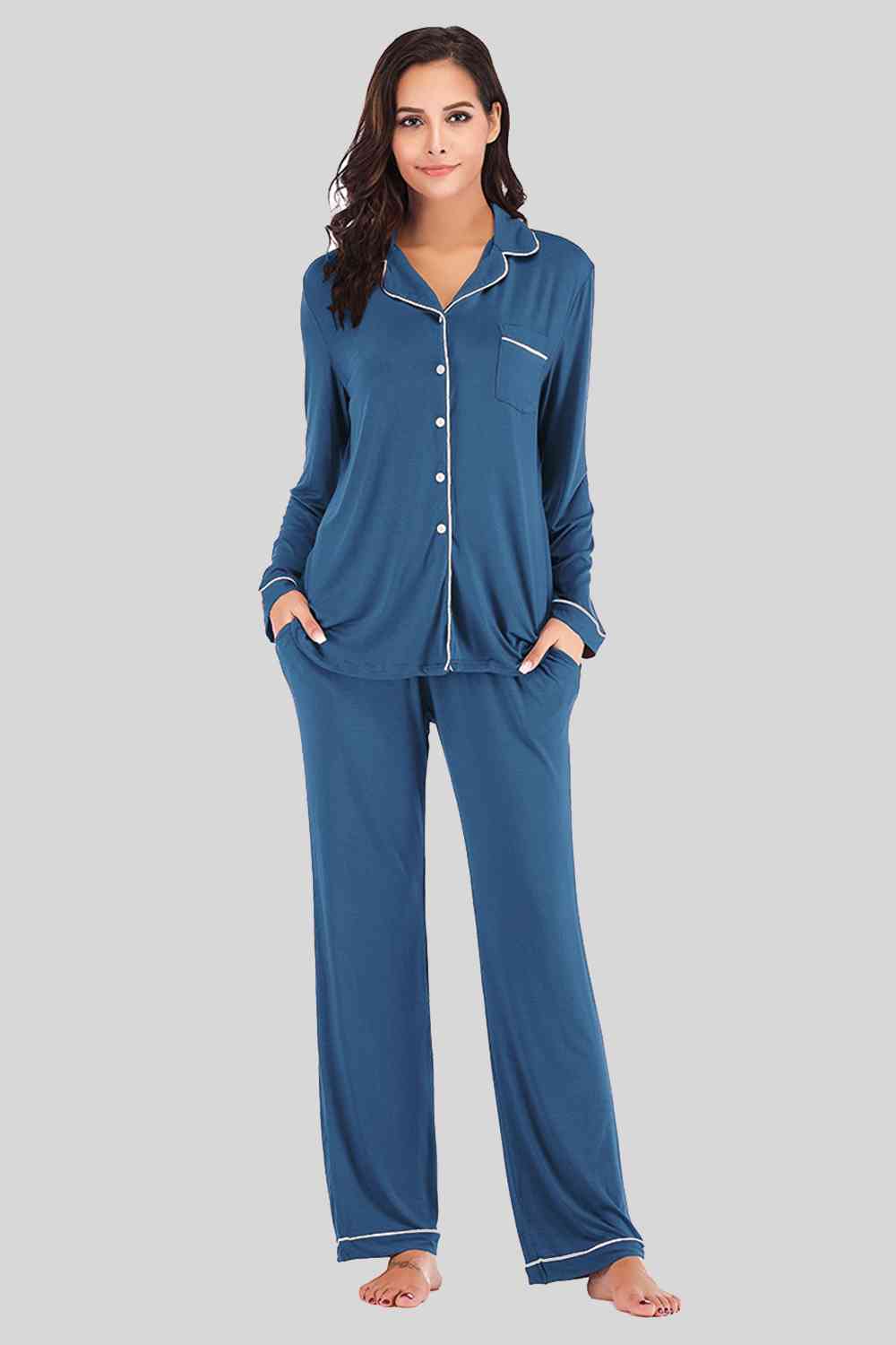 Collared Neck Long Sleeve Loungewear Set with Pockets (9 Colors) Loungewear Krazy Heart Designs Boutique Peacock  Blue S 