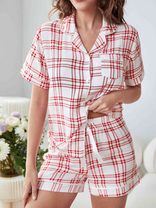 Plaid Lapel Collar Shirt and Shorts Lounge Set Loungewear Krazy Heart Designs Boutique Red S 