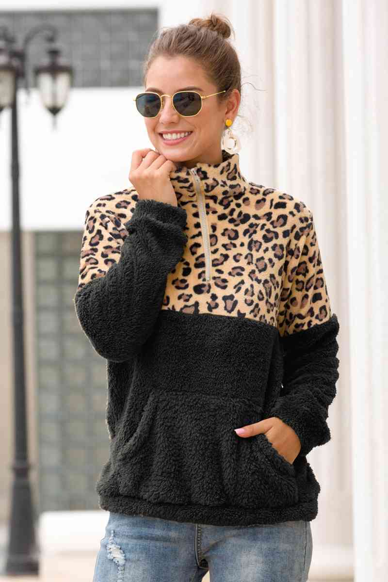 Leopard Print Zip-Up Turtle Neck Dropped Shoulder Sweatshirt Shirts & Tops Krazy Heart Designs Boutique Black S 