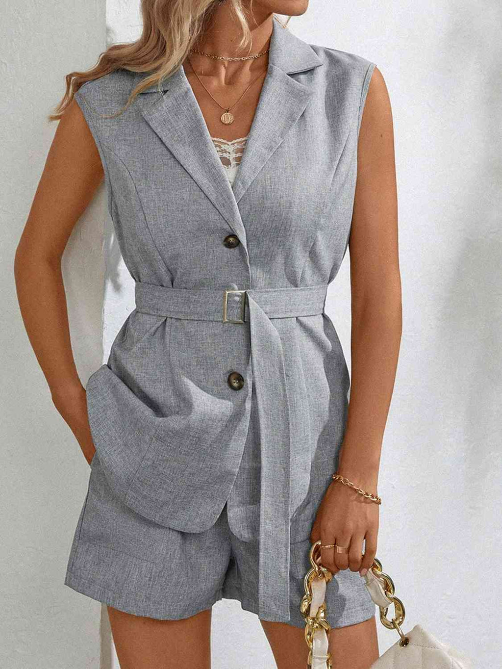 Sleeveless Blazer and Shorts Set with Pockets  Krazy heart designs Boutique Charcoal S 