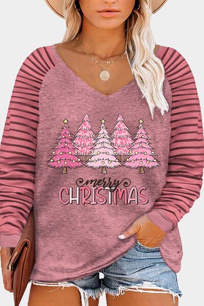 Plus Size MERRY CHRISTMAS Striped Long Sleeve T-Shirt Shirts & Tops Krazy Heart Designs Boutique Dusty Pink 1XL 