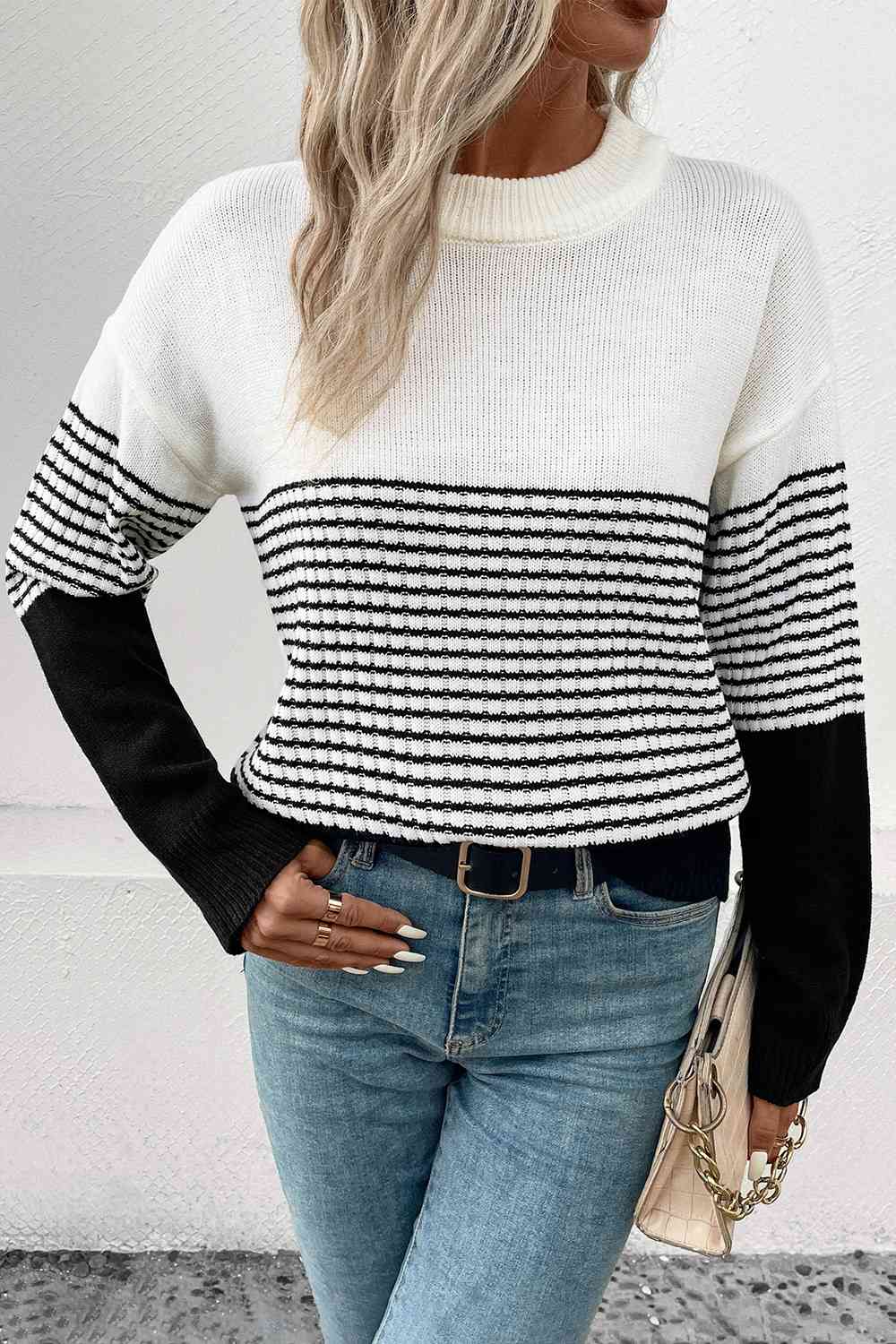 Striped Color Block Drop Shoulder Sweater Shirts & Tops Krazy Heart Designs Boutique   