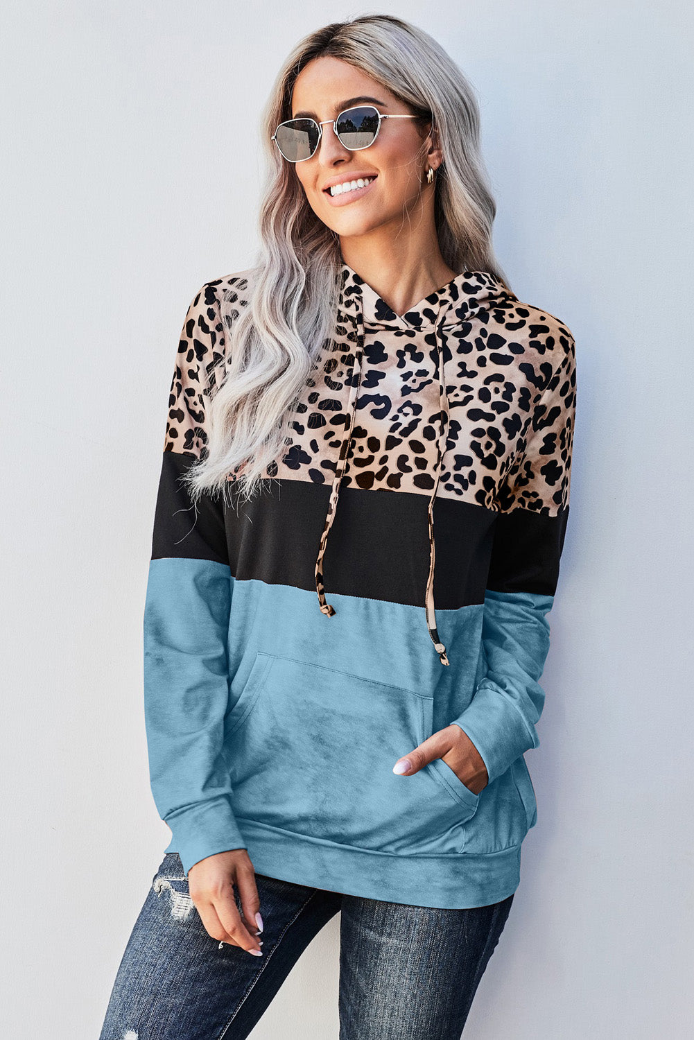 Leopard Color Block Hoodie (5 Colors)  Krazy Heart Designs Boutique Blue S 