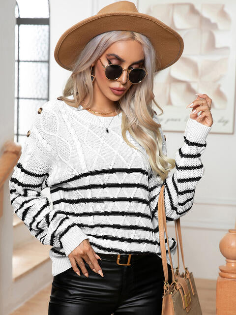 Striped Round Neck Cable-Knit Sweater Shirts & Tops Krazy Heart Designs Boutique   