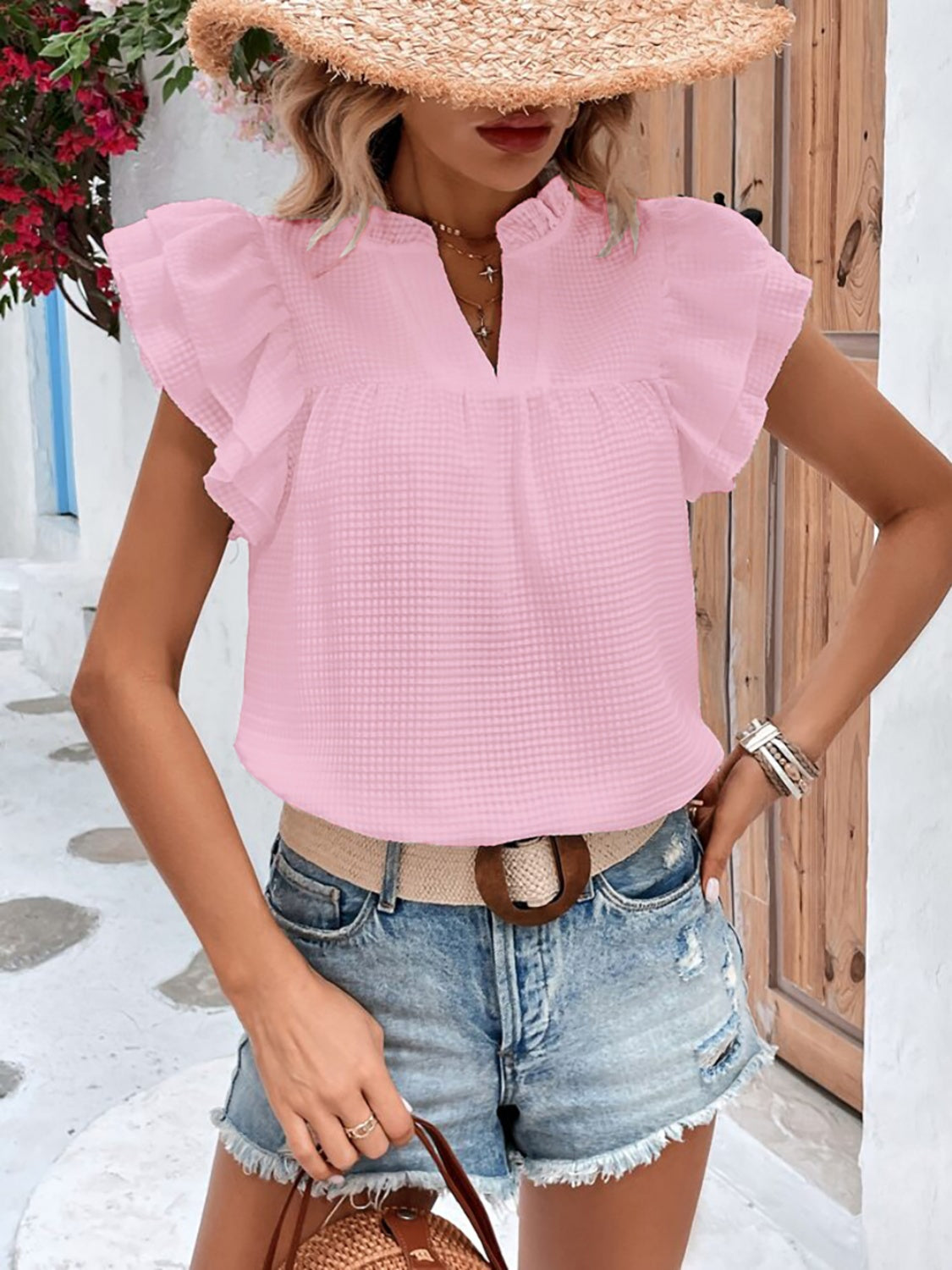 Ruffled Notched Cap Sleeve Blouse (3 Colors) Shirts & Tops Krazy Heart Designs Boutique   