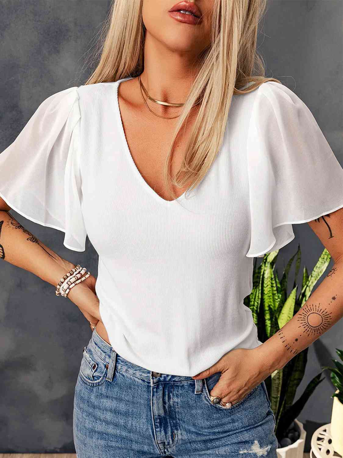 V-Neck Flutter Sleeve Top (4 Colors) Shirts & Tops Krazy Heart Designs Boutique   