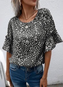 Leopard Print Round Neck Frill Trim Blouse (2 Colors)  Krazy Heart Designs Boutique Black S 
