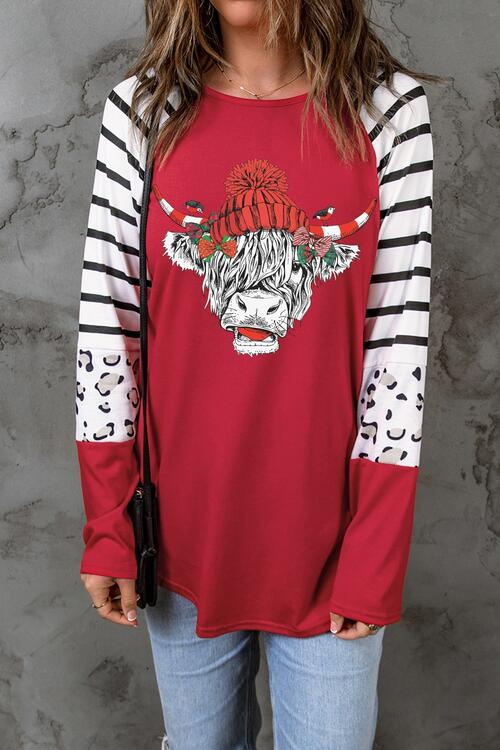 Bull Graphic Striped Long Raglin Sleeve Tee Shirts & Tops Krazy Heart Designs Boutique Deep Red S 