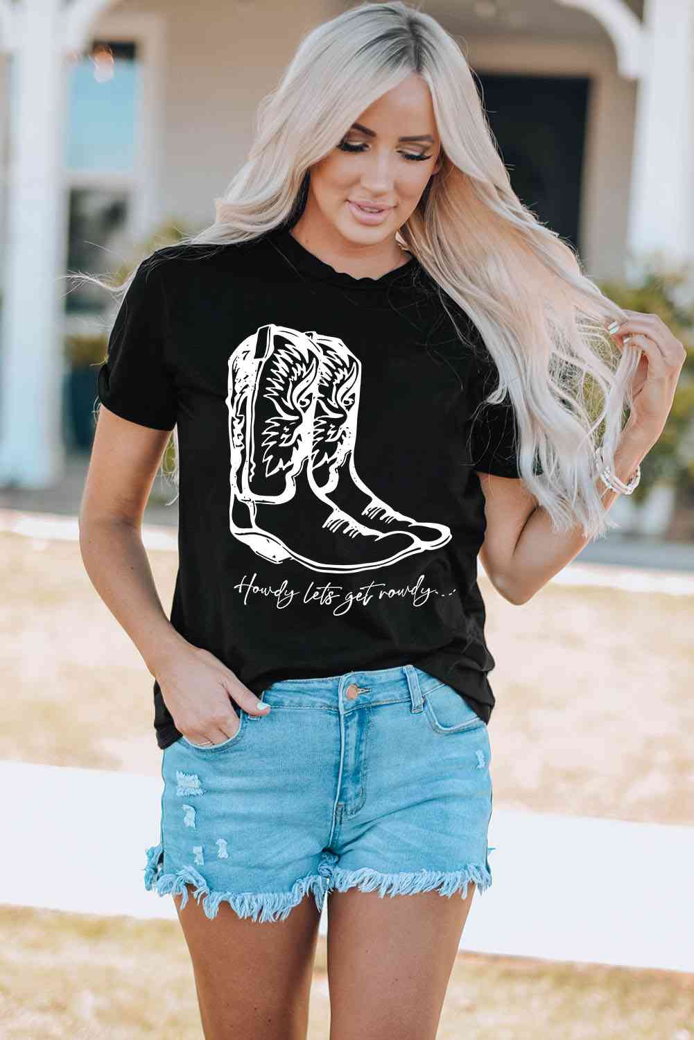 Howdy Let's Get Rowdy Boots Graphic Tee Shirt Shirts & Tops Krazy Heart Designs Boutique Black S 