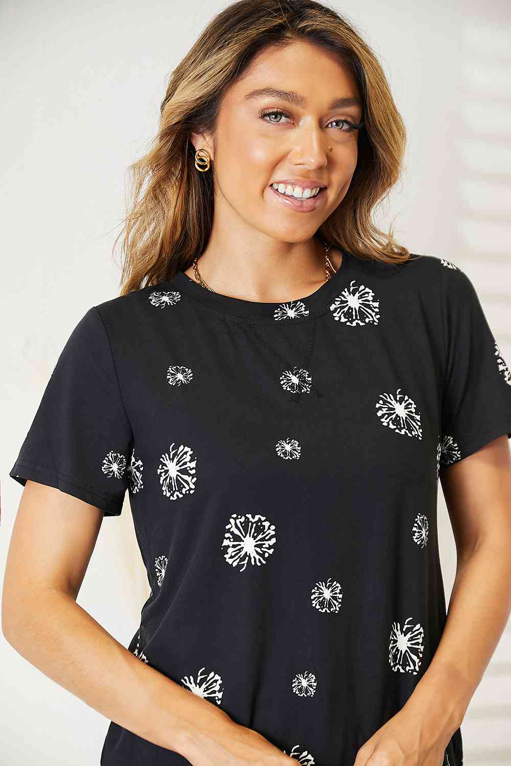 Double Take Dandelion Print Round Neck T-Shirt  Krazy Heart Designs Boutique   