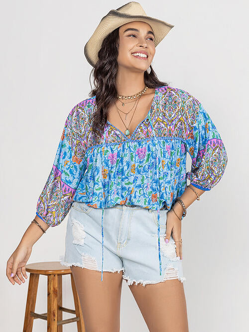 Plus Size Printed Tie Neck Balloon Sleeve Blouse (2 Colors) Shirts & Tops Krazy Heart Designs Boutique Pastel  Blue 0XL 