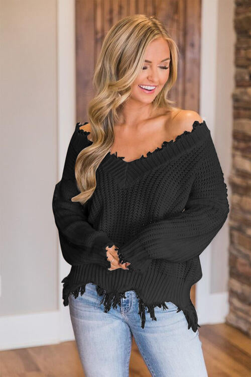 Frayed Hem Dropped Shoulder Sweater (10 Colors) Shirts & Tops Krazy Heart Designs Boutique   