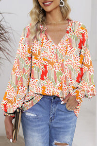 Floral Notched Lantern Sleeve Blouse Shirts & Tops Krazy Heart Designs Boutique Multicolor S 