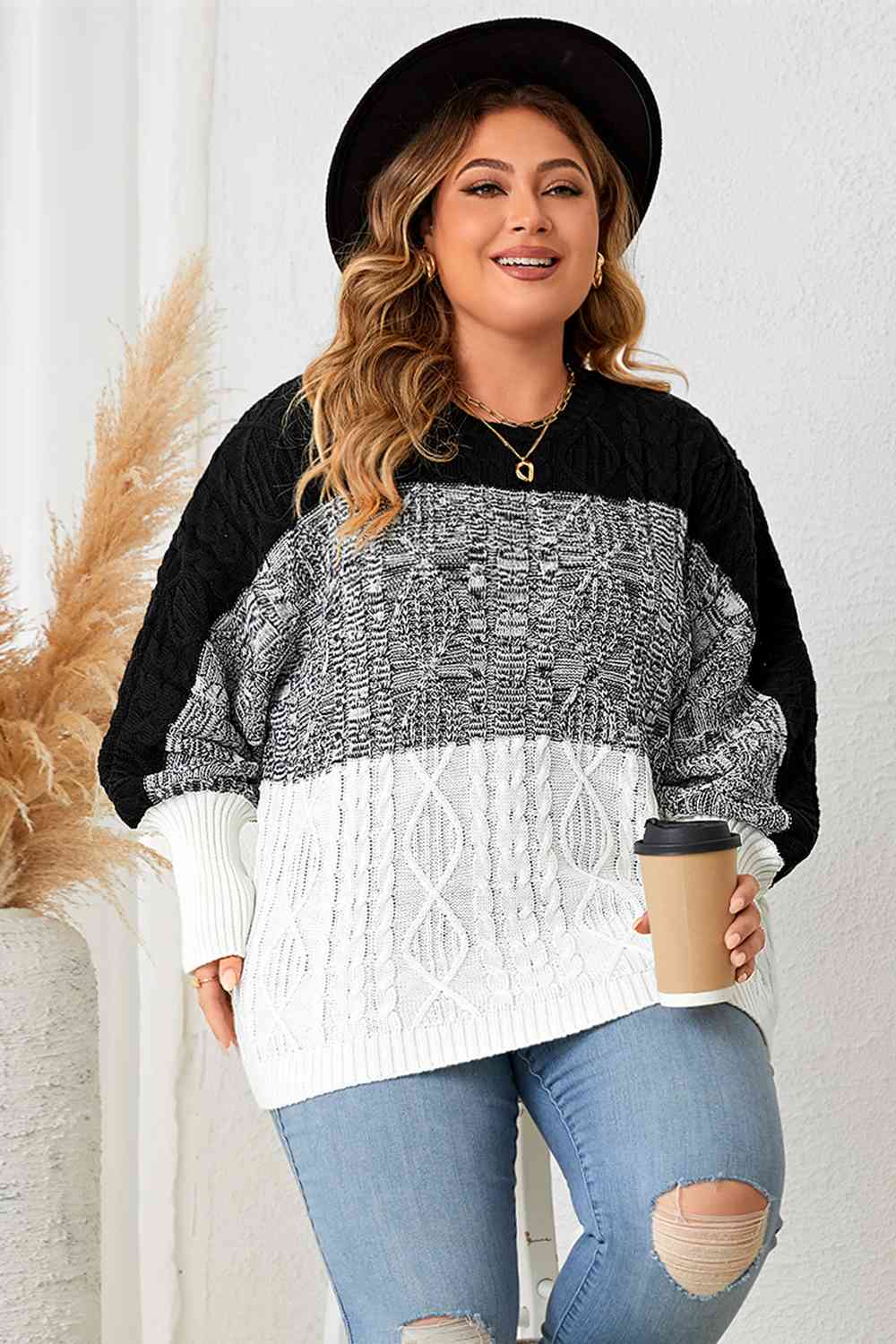 Plus Size Color Block Round Neck Cable-Knit Sweater  Krazy Heart Designs Boutique Black 1XL 